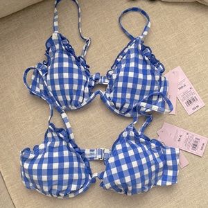 Wild Fable Ruffle Trim Textured Underwire Bikini Top Cobalt Blue Gingham Print
